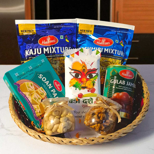 Dashain Sweet & Dry Fruits Gift Hamper in Bamboo Basket SK-896