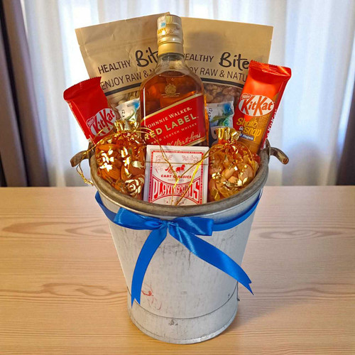 Dashain Gift Bucket with Red Label 750ml, Dry Nuts & Play Cards JNK-4703