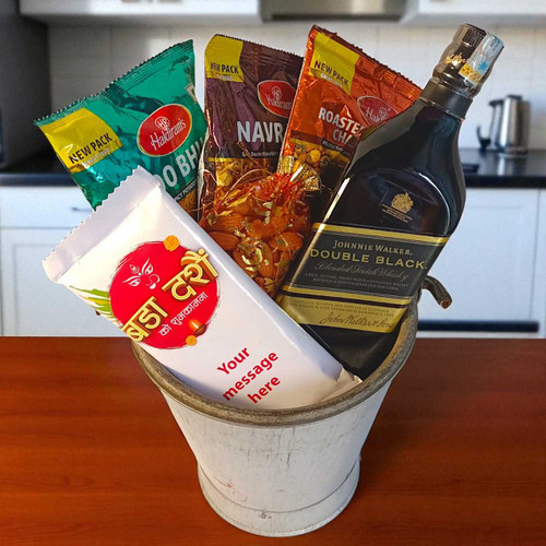 Dashain Special Whisky and Snacks Combo Basket with Personalized Message BPL-227 Dashain Special Whisky and Snacks Combo Basket with Personalized Message BPL-227
