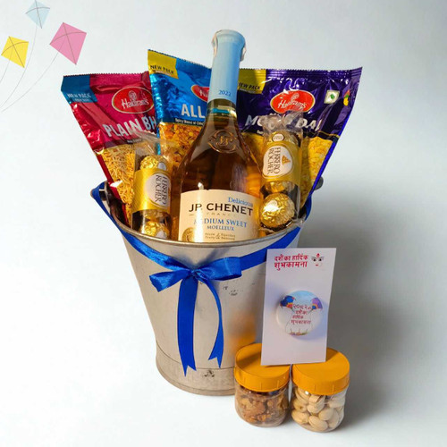 Dashain Gift Bucket with White Wine 750ml & Snacks JNK-4716