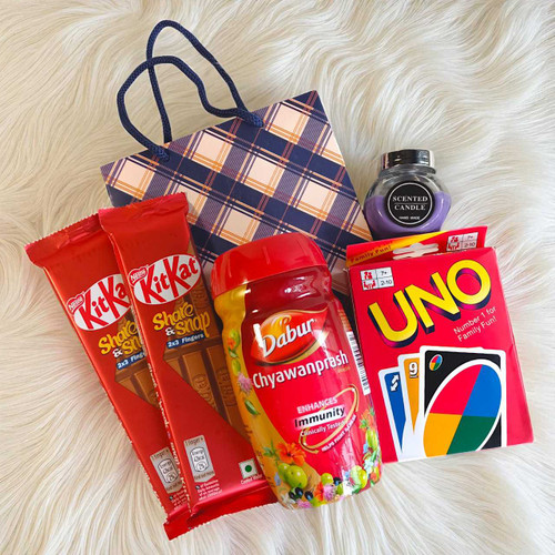 UNO Cards, Scented Candle and Snacks Combo Package in a Bag BPL-248