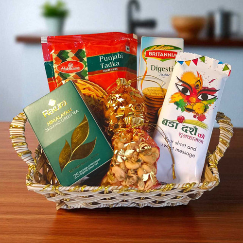 Dashain Special Savory Snacks Combo Basket with Personalized Message BPL-275