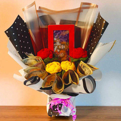 Radha Krishna Box with Cash & Crochet Bouquet JNK-4726