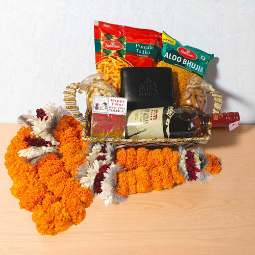 White Wine, Wallet, Snacks and Bhai Tika Sagun Gift Basket BPL-330