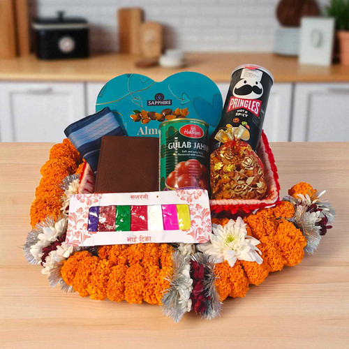 Premium Tihar Gift Basket with Tika & Mala for Brother JNK-4772