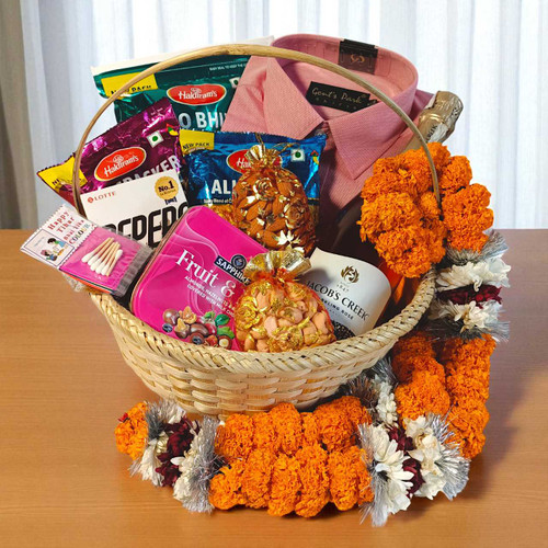 Wine, T-shirt Gift Set with Bhai Tika Sagun Combo Basket BPL-361