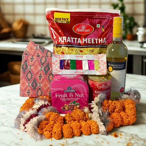 White Wine, Dhaka Topi, Snacks and Sagun Gift Set For Brother BPL-375