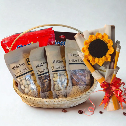 Curated Healthy Dry Nuts, Snacks & Crochet Sunflower Gift Basket