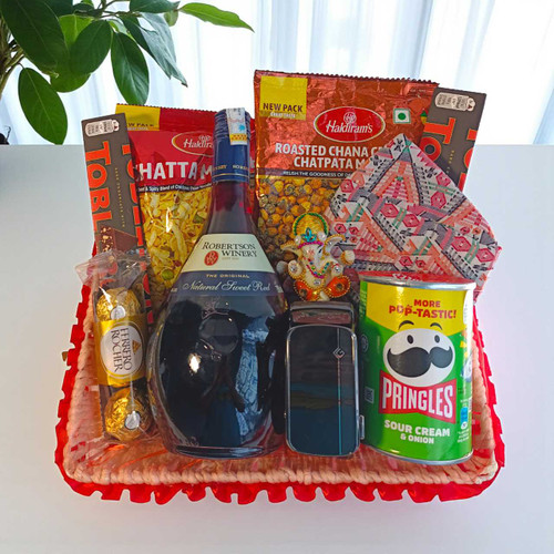 Red Wine, Belt, Dhaka Topi, Statue and Snacks Combo Gift Basket For Him BPL-434