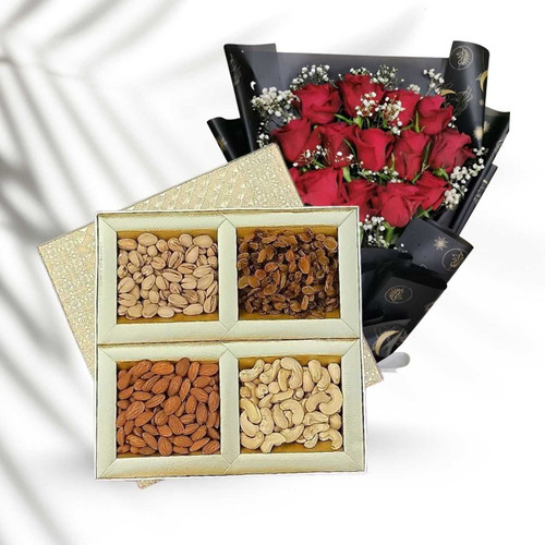 Premium Dry Nuts With 14 Rose Bouquet Gift SK-959
