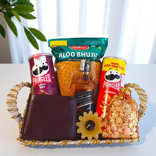 Celebration Gift Hamper with Black Label Whisky, Snacks & Wallet for Him JNK-4879 Celebration Gift Hamper with Black Label Whisky, Snacks & Wallet for Him JNK-4879
