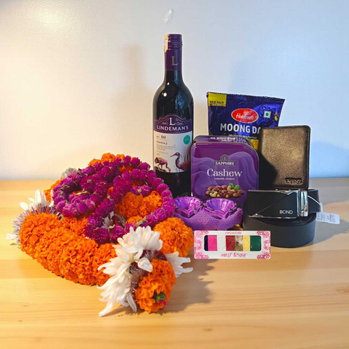 Tihar Gift Combo with Red Wine 750ml, Wallet & Belt JNK-4925