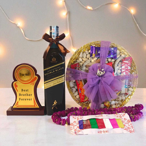 Tihar Celebration Combo with Whisky 750ml, Dry Nuts Tray & Engraved Keepsake for Brother JNK-4970