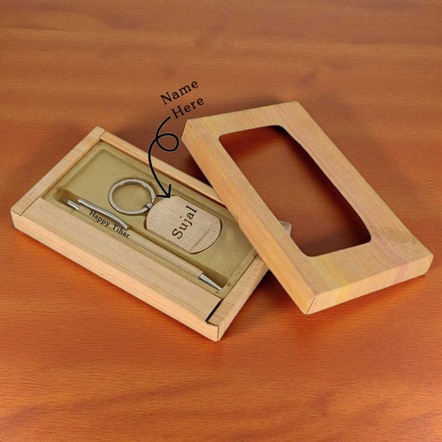 Personalized Wooden Pen with Happy Tihar & Keyring With Name in a Box SK-999 Personalized Wooden Pen with Happy Tihar & Keyring With Name in a Box SK-999