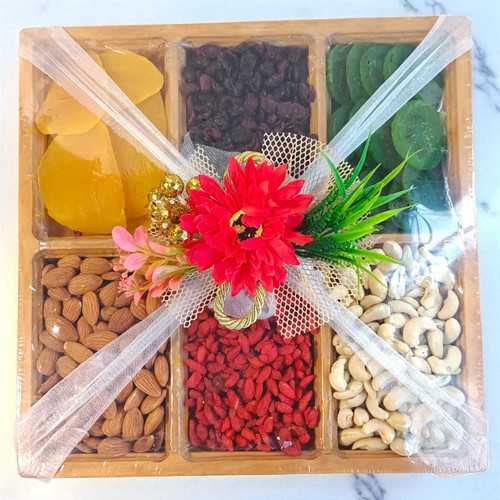 Dry Fruits & Nuts Wooden Tray with Gerbera Decor Flower JNK-4984