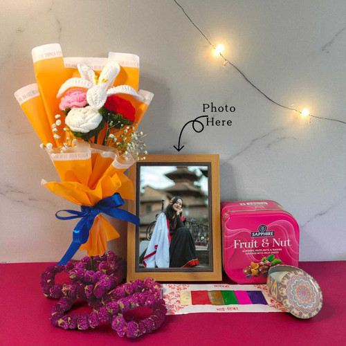 Tihar Return Gift for Sister with Crochet Bouquet & Personalized Photo Frame JNK-5026
