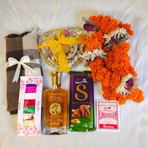 Bhaitika Celebration Gift Combo with Whisky 180ml, Muffler & Playing Cards JNK-5047