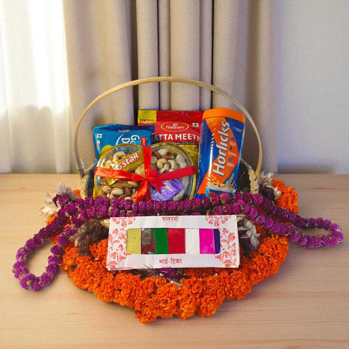Bhaitika Snacks Gift Basket with Mala & Tika JNK-5053 Bhaitika Snacks Gift Basket with Mala & Tika JNK-5053