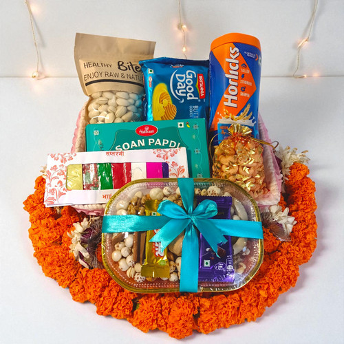Tihar Festive Snacks Basket with Mala & Tika Tihar Festive Snacks Basket with Mala & Tika