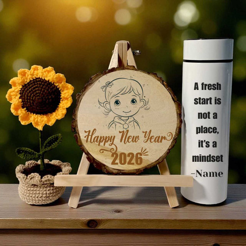 New Year Gift Set with Personalized Wooden Log & Bottle with Crochet JNK-5141 New Year Gift Set with Personalized Wooden Log & Bottle with Crochet JNK-5141