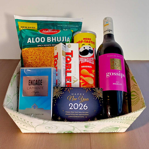 New Year Gift Box with Red Wine 750ml with Snacks & Perfume for Him JNK-5146