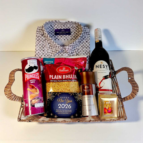 New Year Gift Basket with Shirt (XL), Red Wine 750ml & Perfume for Him JNK-5149 New Year Gift Basket with Shirt (XL), Red Wine 750ml & Perfume for Him JNK-5149
