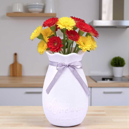 Fresh Mixed Yellow & Red Gerberas in White Ceramic Vase 7.5'' BPL-623
