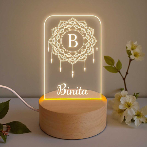 Personalized Name Engraved Mandala Theme Print Acrylic Lamp With Cable PG1088-C