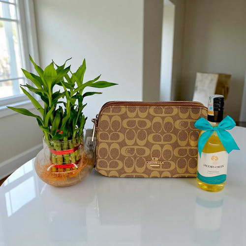 Chrisbella Bag with White Wine 187ml & Bamboo Plant JNK-5210