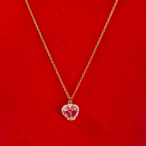 Golden Heart Pendant Necklace with Pink Mini Heart Inside Clear Crystal JL-80