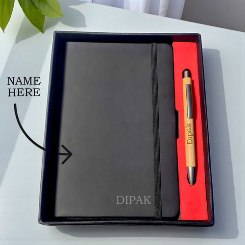 Personalised High Quality Black Notebook and Bamboo Pen In Black Square Box with Pen Holder BOX-37-3