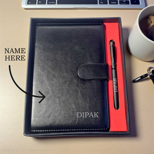 High Quality Black Notebook and Metal Pen In Black Square Box with Pen Holder & Personalised Name BOX-35-4