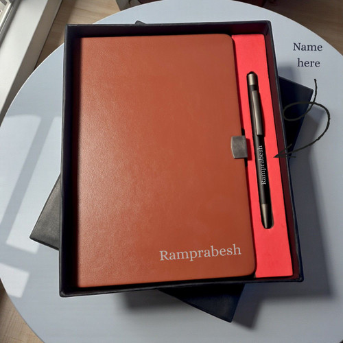 Personalised Vintage Brown Notebook and Metal Pen In Box