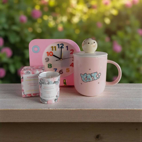 Cozy Morning Gift Set: Clock, Candle & Cat Mug SPM-157