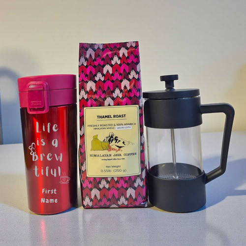 Brew & Sip Gift Set with French Press, Coffee & Personalized Vacuum Mug JNK-5315