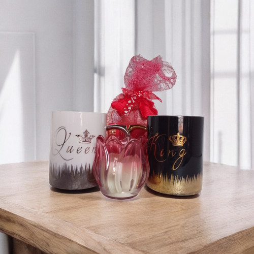 Love Gift Set: King & Queen Mugs, Candle & Basket