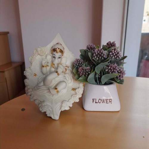 Marble Ganesh Idol with Pink Ceramic Plant SPM-178