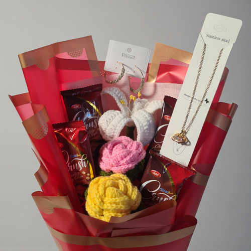 Chocolate, Crochet Flowers & Sparkle Jewelry Gift Bouquet