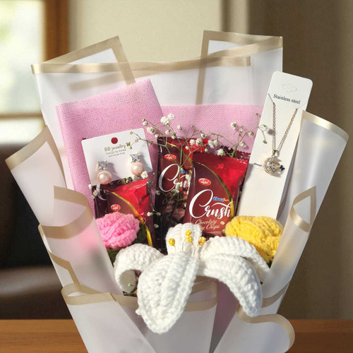 Elegant Crochet Flowers,Treats & Accessories Gift Bouquet BPL-683