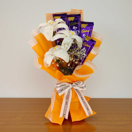 Handcrafted White Lily Bouquet with Chocolates Bouquet SK-1211