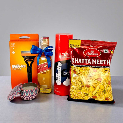 Red Wine 200ml & Gillette Grooming Hamper with Candle JNK-5418