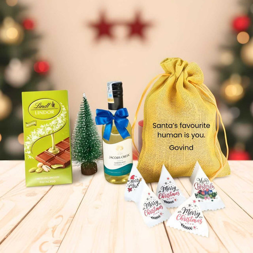 Christmas Gift Pouch with White Wine 187ml & Chocolates JNK-5444