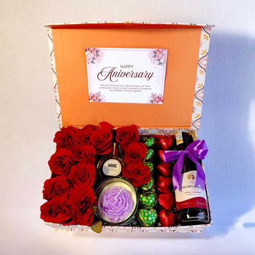 Anniversary Gift Box with Roses, Red Wine 187ml & Candle for Her JNK-5482