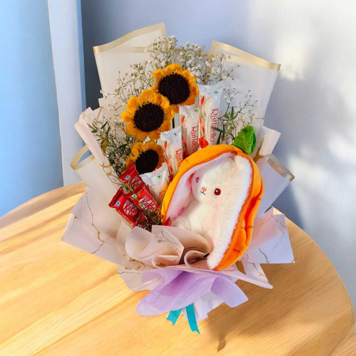 Adorable Rabbit with Sunflower Crochet & Chocolate Bouquet JNK-5489