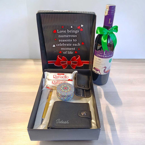 Premium Black Box Gift Set with Wallet, Manicure Kit & Red Wine 750ml for Him JNK-5518