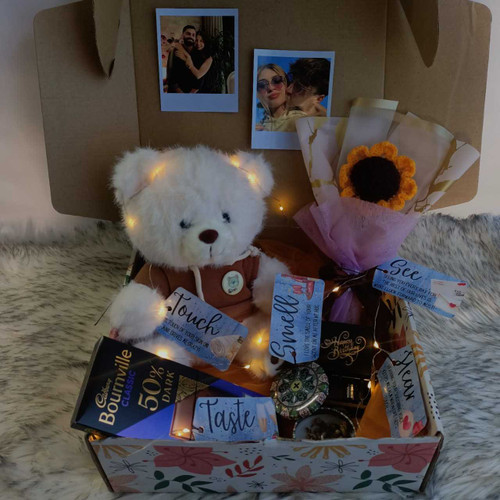 Joyful Birthday Gift Box with Teddy, Chocolate, Candle & Crochet Flowers JNK-5571
