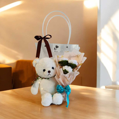 Crochet Flower Bouquet with Soft Teddy & Twinkling Lights SK-1375