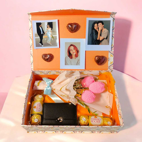 Charming Gift Box with Crochet Bouquet with Wallet, Chocolates & Personalized Photo for Her JNK-5589