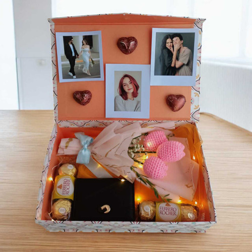 Charming Gift Box with Crochet Bouquet with Wallet, Chocolates & Personalized Photo for Her JNK-5589