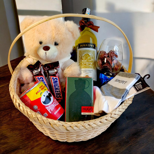 Premium Gift Basket for Him: White Wine 750ml, Teddy & Treats